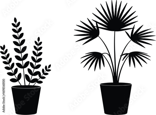 Silhouette of Two Potted Indoor Plants, Minimalist Black Plant Vector Illustration, Modern Home Decor, Botanical Art, Nature Elements, Houseplant Design