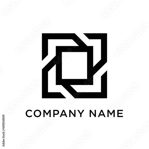 Black geometric square logo with interlocking lines icon.