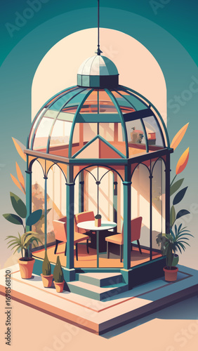 An empty golden vintage birdcage with an open door symbolizes freedom from a confined prison