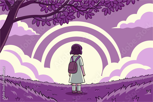 Girl with backpack looking at rainbow in purple landscape