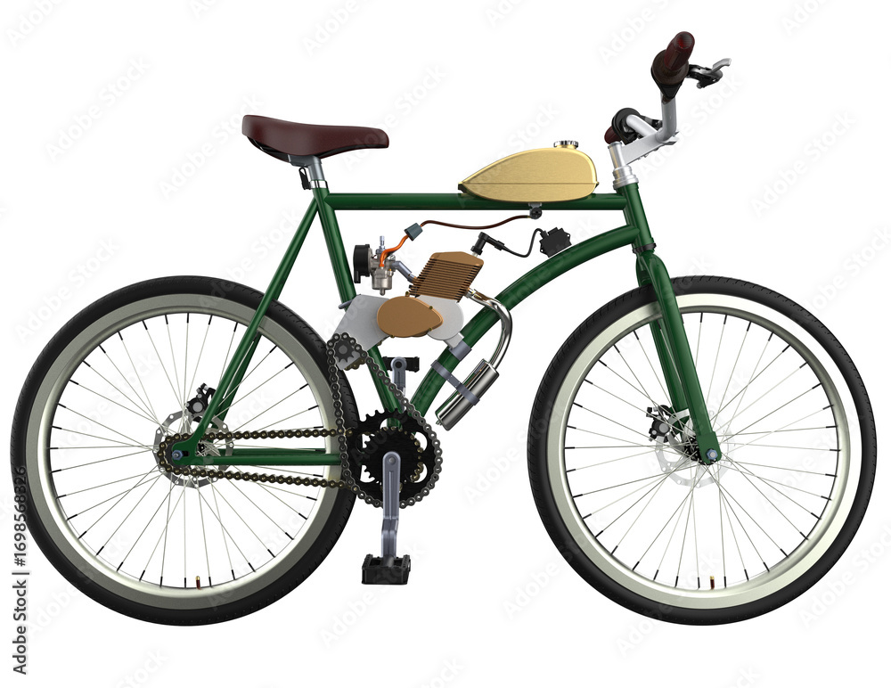 Fototapeta premium Isolated vintage-style motorized bicycle in vibrant green, featuring an installed engine conversion kit and retro brown leather seat. Detailed 3D model PNG with transparent background for classic