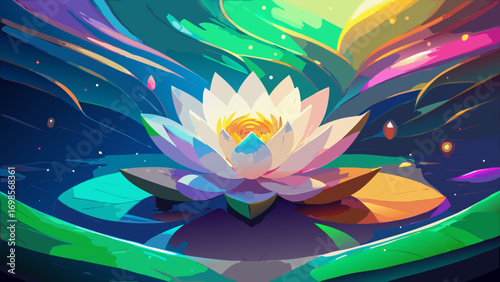 A pink water lily blossom floats peacefully in a serene pond, its delicate petals reflecting the beauty of nature