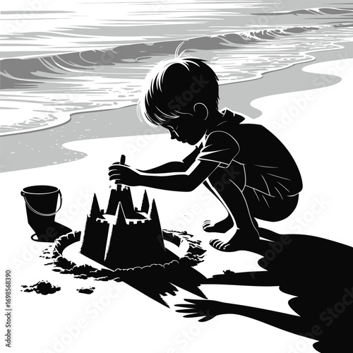 Monochromatic Beach Day Silhouette of a Child Building a Sandcastle by the Ocean Waves Artistic Expression