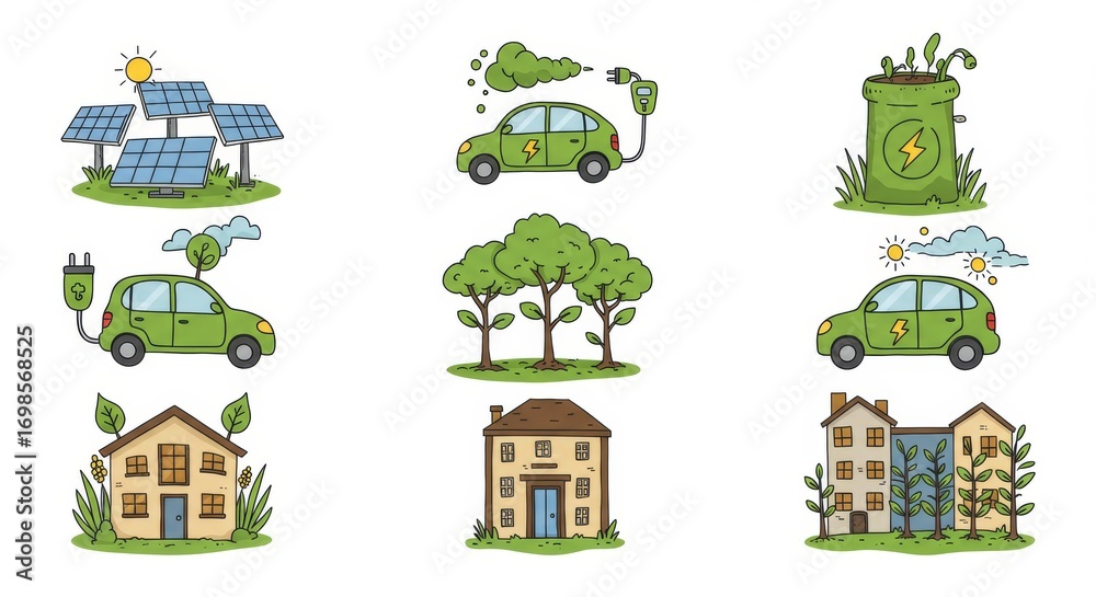 Fototapeta premium Eco Lifestyle Icons and Sustainable Energy Symbols Including Solar Panels,