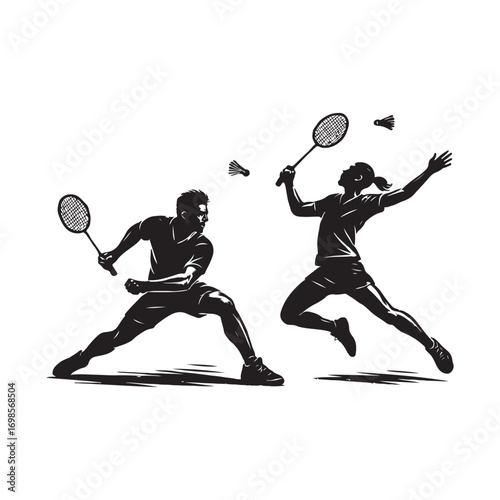Dynamic Badminton Duo in Action A Silhouette Illustration of Competitive Sport and Athleticism with Shuttlecocks Mid Air and Focused Players Displaying Power and Skill