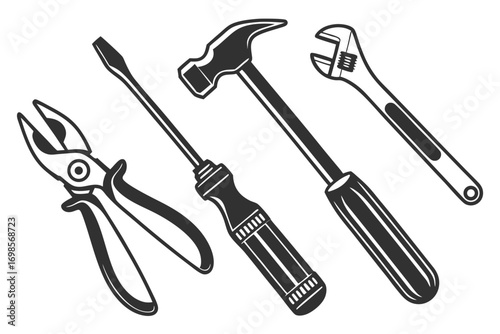 Collection of hand tools including pliers screwdriver hammer and wrench