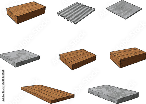 Vector Set of Wood and Concrete Slabs – Construction and Building Material Textures for Architecture, Game Environments, and Industrial Design Projects