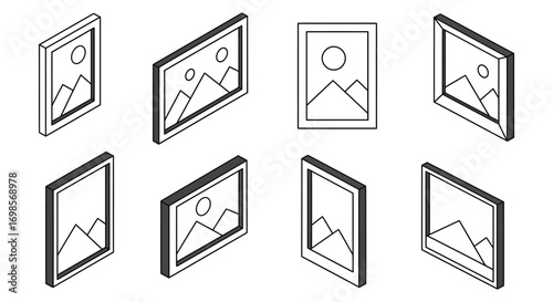 a collection of framed pictures arranged neatly in rows