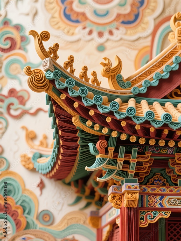 Obraz premium Intricate Details of Traditional Chinese Temple Roof with Vibrant Colors and Ornate Decorations