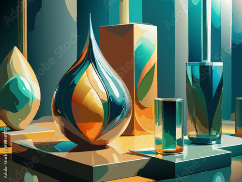 Blue art illustration of a glass candle holder with a light curve line design