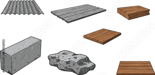 Vector Set of Wood Planks, Corrugated Metal Sheets, and Concrete Blocks for Game Design, Construction Material, or Architectural Surface Illustrations