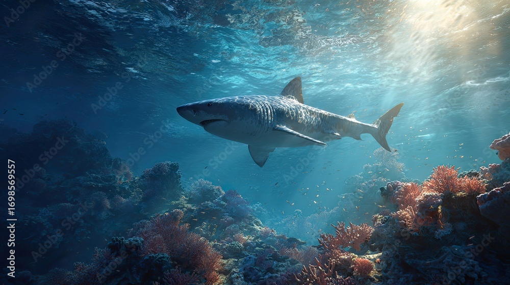 Fototapeta premium a great white shark swimming among underwater coral in an ocean environment