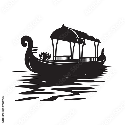 Kerala houseboat vector illustration traditional Indian water travel on backwaters silhouette design black and white image serene and cultural