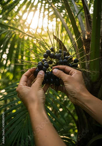 Close-up shot of hands harvesting Acai berries, showcasing the richness of nature's bounty. Captures the vibrant color and freshness of these superfood fruits