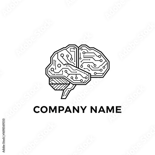 Digital brain circuit board logo concept representing artificial intelligence and technological innovation.
