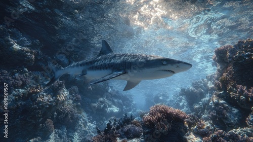 an underwater marine ecosystem with a prominent shark swimming amidst coral reefs