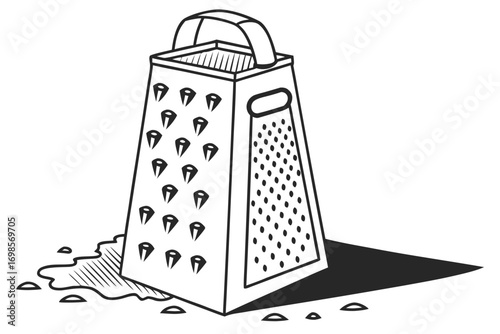 Line art illustration of a four sided box grater with grated food