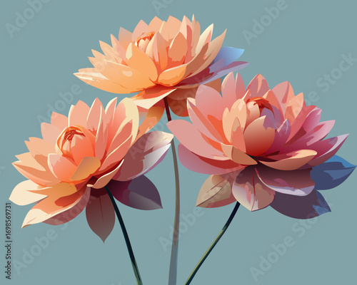 A macro vector illustration of a pink lily and other flowers in a garden pond with beautiful floral petals