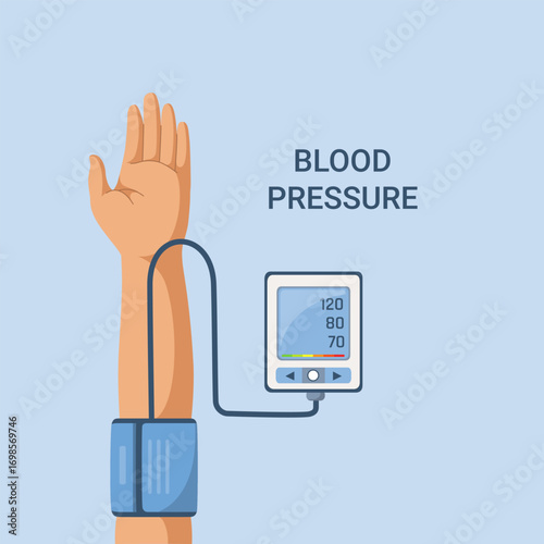 Close-up of patient hand with blood pressure monitor checking heart rate. Vector illustration