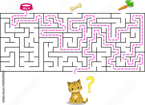 Chose right item and help cat pass through maze to find its food. Hard riddle for clever kids and pupils. Feed the hungry kitten labyrinth with solution isolated on white background.