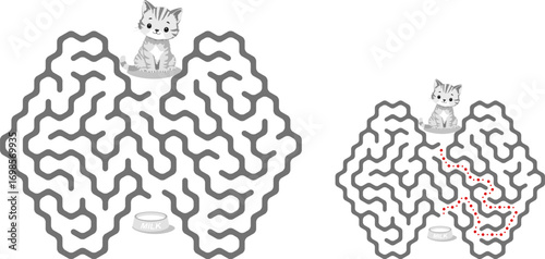 Help kitten pass through labyrinth to find a bowl with milk. Feed the hungry cat maze. Easy logic game for kids and parents with solution isolated on white background