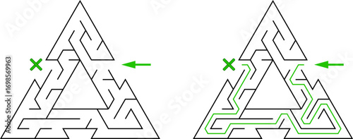 Three triangles tied with passageway. Easy level of difficulty triangular labyrinth with solution. Black and white vector puzzle for kids and parents