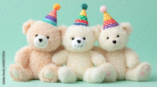Three plush teddy bears sit side-by-side on a teal background. Each bear wears a colorful party hat with polka dots and stripes. The bears have soft, light brown fur and are smiling gently. 