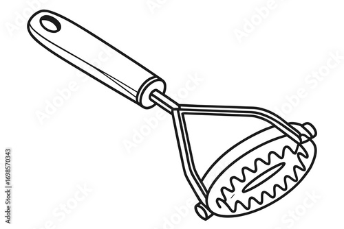 Line art drawing of a potato masher kitchen utensil
