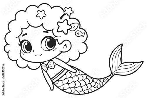 Cute cartoon mermaid with curly hair and stars