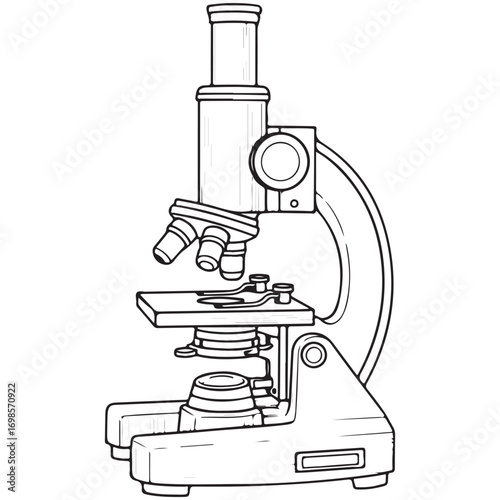 Detailed Line Art Illustration of a Classic Laboratory Microscope