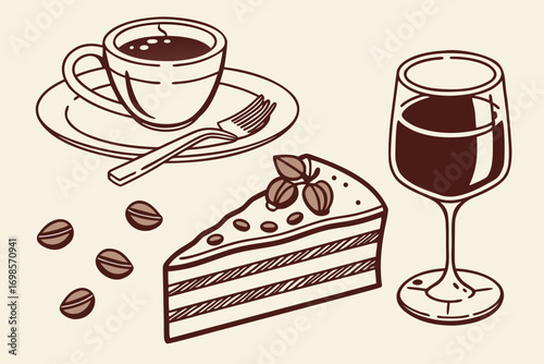 Coffee cake and wine still life illustration