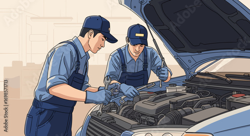 Two mechanics working under open car hood