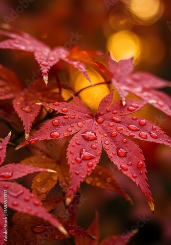 Raindrops on vibrant red Japanese maple leaves – Capturing autumn's beauty, natural detail, and seasonal charm