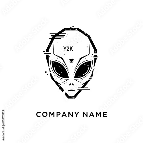 Glitchy Y2K Alien Head Logo Design.