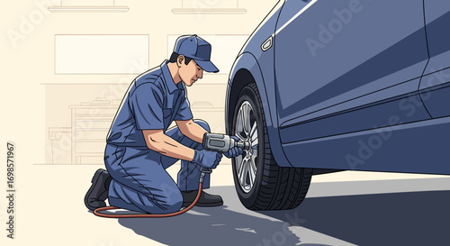 Car mechanic tightening wheel bolts with impact wrench
