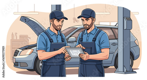 Two car mechanics discussing data on tablet near vehicle