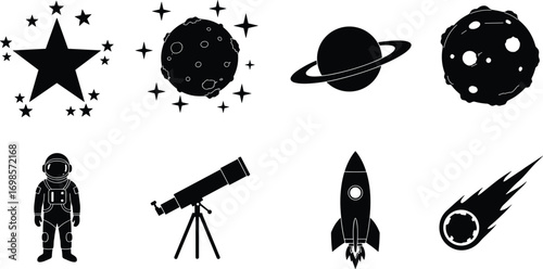 Astronaut silhouette, rocket launch icon, telescope astronomy, meteor comet illustration, planet orbit, moon star galaxy, space exploration science vector