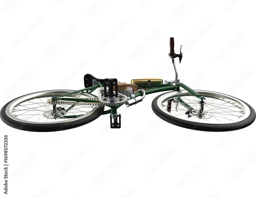 Fototapeta premium Antique motorized bicycle, a detailed render of a green-framed two-wheeler. This classic 'freedom machine' features a petrol engine and iconic fuel tank, isolated on a transparent HD background for