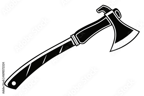 Black and white illustration of a modern axe with a hammer head