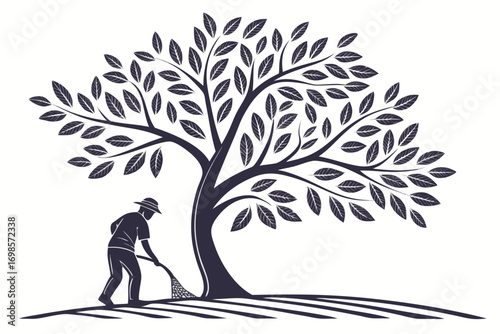Farmer tending to a large tree with a net