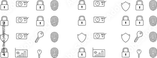 Cybersecurity icons, lock illustration, fingerprint authentication, shield security, key access, password protection, data safety, encryption symbol, privacy design, network protection
