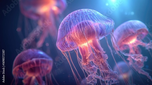 an underwater scene where a cluster of purple jellyfish, with their trailing tentacles, is floating against a dark blue background