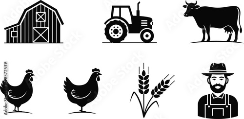 Farm illustration, barn vector, tractor icon, cow silhouette, chicken design, wheat crop symbol, farmer graphic, agriculture element, rural farming scene