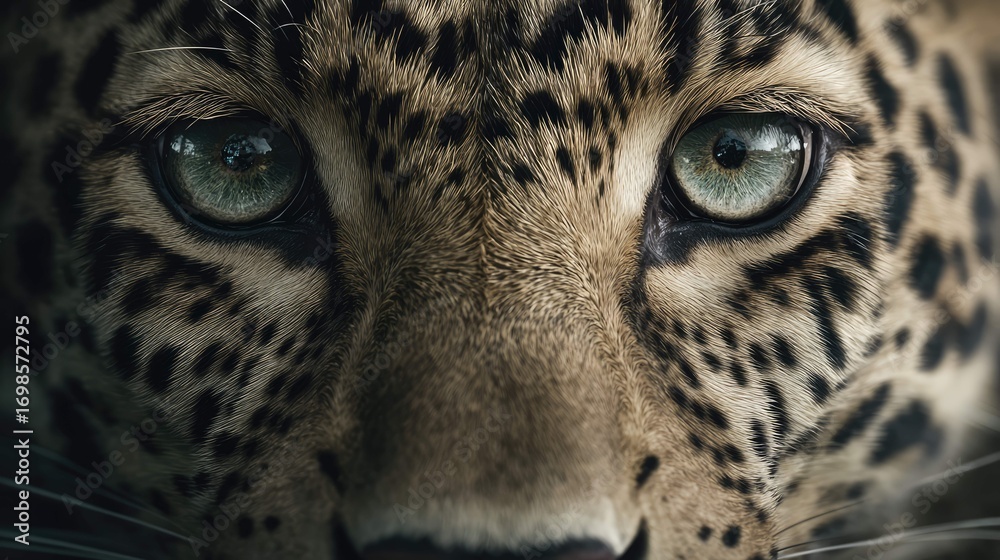 Naklejka premium the image is a close up photograph of a leopard's face with striking eyes looking directly at the camera. the leopard has a detailed fur pattern that is characteristic of its species
