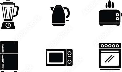 PrintKitchen appliances silhouette vector set, blender, kettle, toaster, refrigerator, microwave, oven, black icon design for cooking, food, household, home