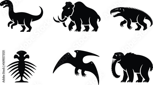 Prehistoric animal silhouette vector illustration, dinosaur, mammoth, saber tooth, trilobite, pterodactyl, ancient creature, fossil design, extinct wildlife artwork