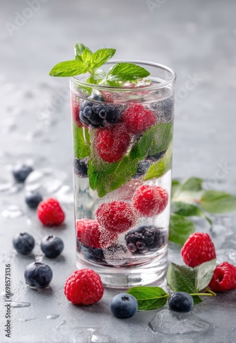A tall, clear glass filled with refreshing water is the focal point of this image. The water is infused with vibrant berries ? raspberries, blueberries, and blackberries ? 