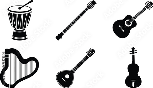 PrintSilhouette musical instruments, guitar, violin, harp, drum, sitar, mandolin, music icons, vector illustration, black silhouette art design