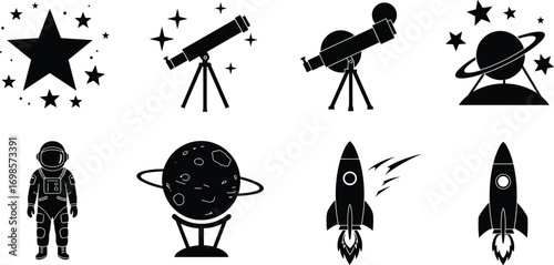 Space exploration icons, astronaut silhouette, rocket launch, telescope astronomy, planet orbit, star galaxy, universe discovery, cosmic science, futuristic technology illustration