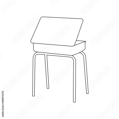 A black and white, simple line drawing of a student's classroom desk.